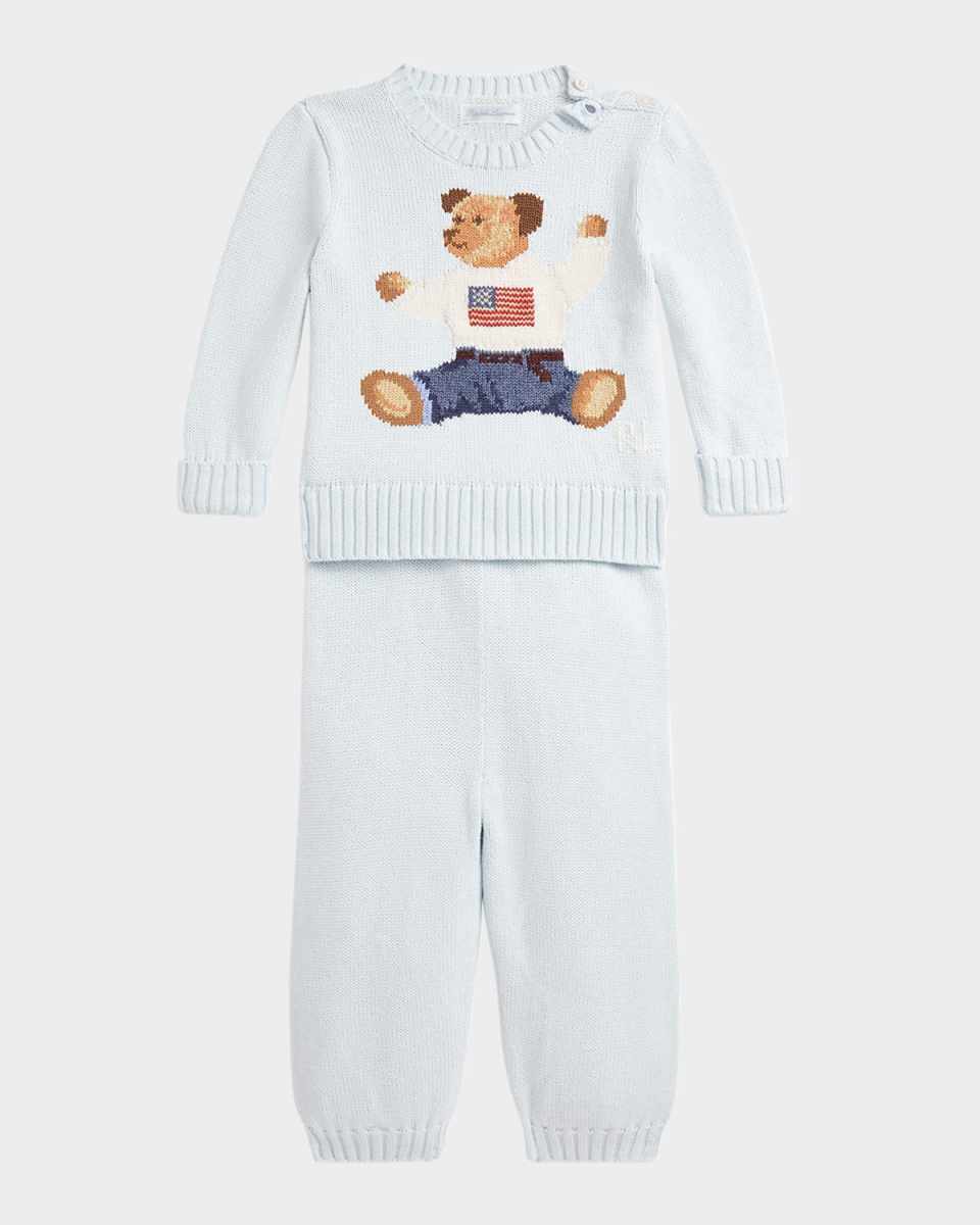 Boy's Flag Bear Intarsia Knit Sweater and Pants Set, Size 3M-24